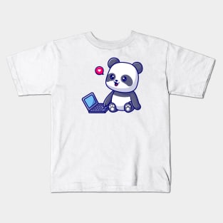 Cute Panda Playing On Laptop Cartoon Kids T-Shirt